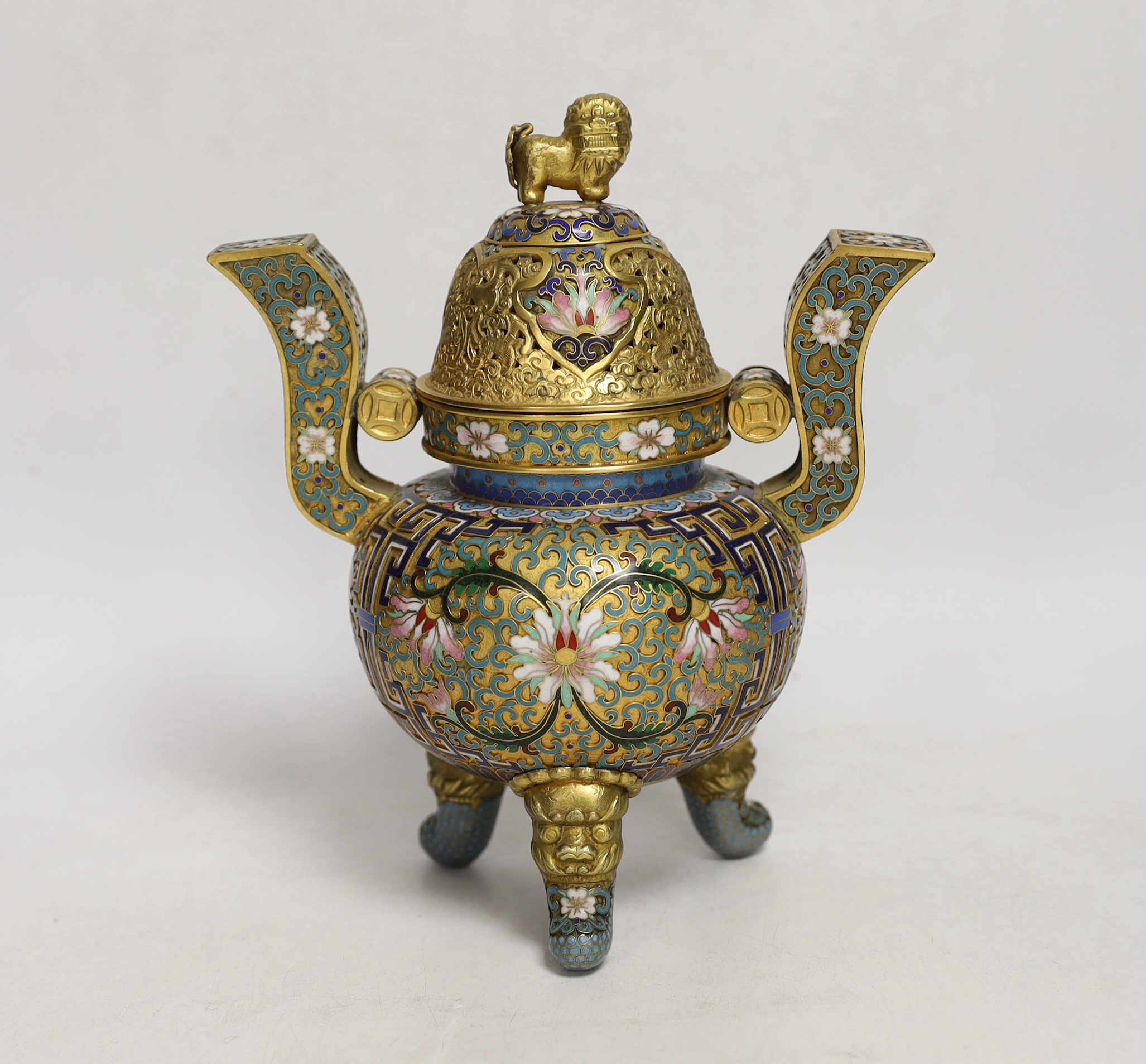 A Chinese cloisonné enamel tripod censer and cover, 22cm high including cover